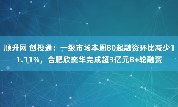 顺升网 创投通：一级市场本周80起融资环比减少11.11%，合肥欣奕华完成超3亿元B+轮融资
